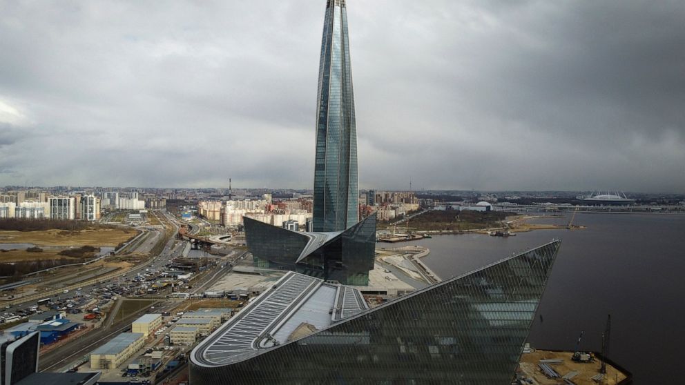 FILE - A view of the business tower Lakhta Centre, the headquarters of Russian gas monopoly Gazprom in St. Petersburg, Russia, April 27, 2022. Germany said Monday Nov. 14, 2022, that it is nationalizing the former German subsidiary of Russian natural