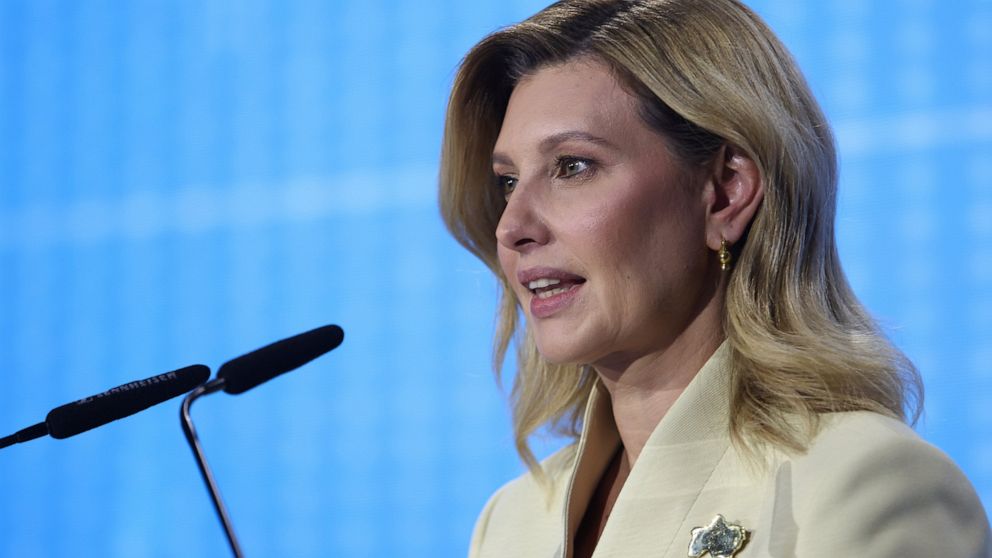First Lady of Ukraine Olena Zelenska delivers a speech at the Warsaw Security Forum in Warsaw, Poland, Tuesday, Oct. 4, 2022. (AP Photo/Michal Dyjuk)