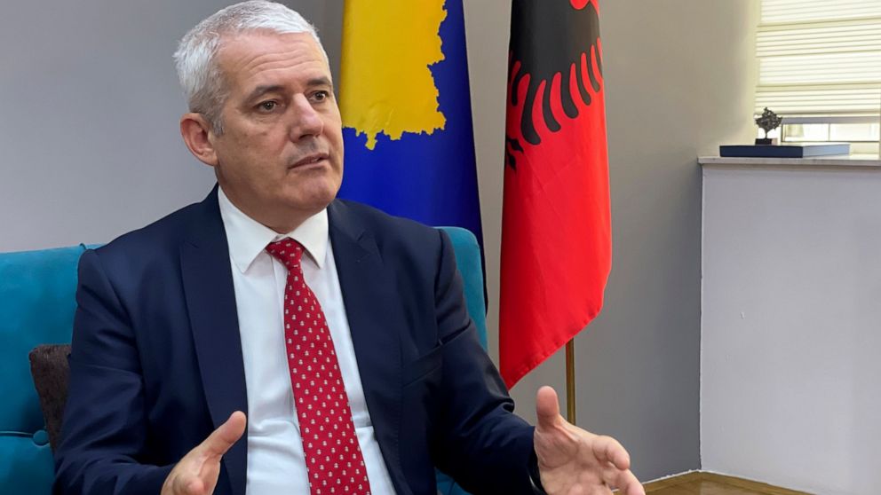 Kosovo's Interior Minister Xhelal Svecla speaks during an interview with The Associated Press in Kosovo's capital Pristina, Tuesday, Aug. 16, 2022. Wartime rivals Serbia and Kosovo are to hold high level crisis talks which the European Union mediator