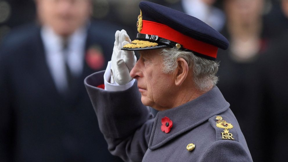 Britain's King Charles III attends the Remembrance Sunday ceremony at the Cenotaph on Whitehall in London, Sunday Nov. 13, 2022. (Toby Melville/Pool via AP)