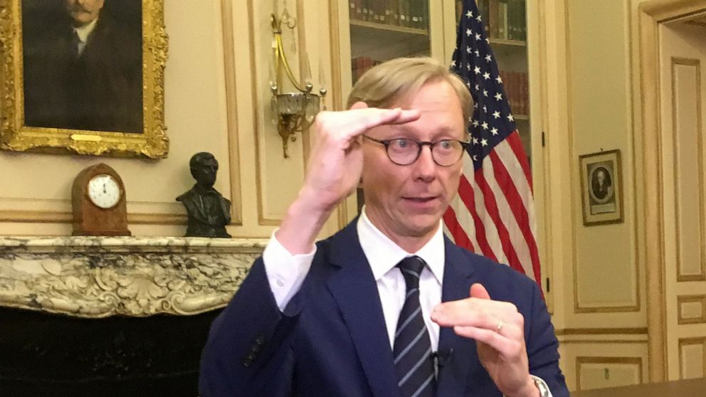 Brian Hook , the U.S. special envoy for Iran, gestures during an interview in Paris, Thursday, June 27, 2019. Brian Hook is meeting with top French, German and British diplomats in Paris for talks on the Persian Gulf crisis at a time when European po