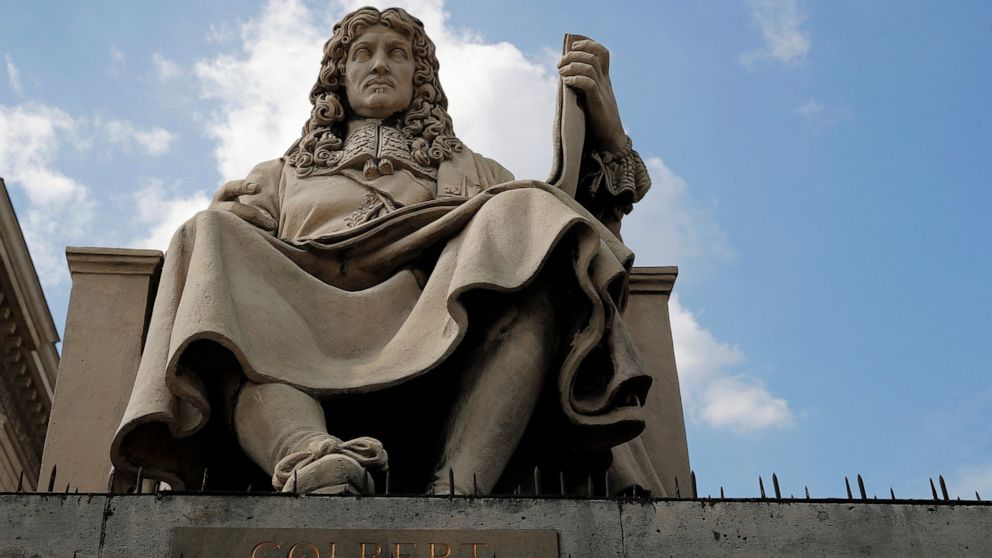 The statue of French statesman Jean-Baptiste Colbert is pictured in front of the French National Assembly in Paris Wednesday June 10, 2020. Colbert has been a prominent minister under King Louis XIV, with the key position of controller-general of Fin