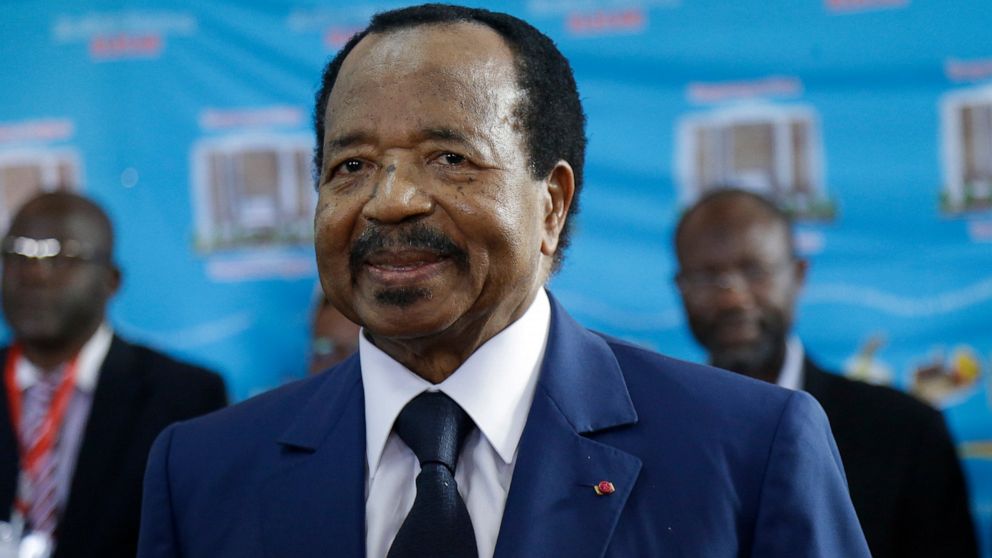 FILE - In this Oct. 7, 2018 file photo, Cameroon's President Paul Biya, of the Cameroon People's Democratic Movement party, during the Presidential elections in Yaounde, Cameroon. President Paul Biya is marking 40 years in power but staying out of th