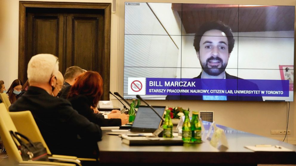 A Polish Senate commission heard the testimony of two cybersecurity experts, John Scott-Railton and Bill Marczak, senior researchers with the Citizen Lab, a research group based at the University of Toronto, in Warsaw, Poland, on Monday, Jan. 17, 202