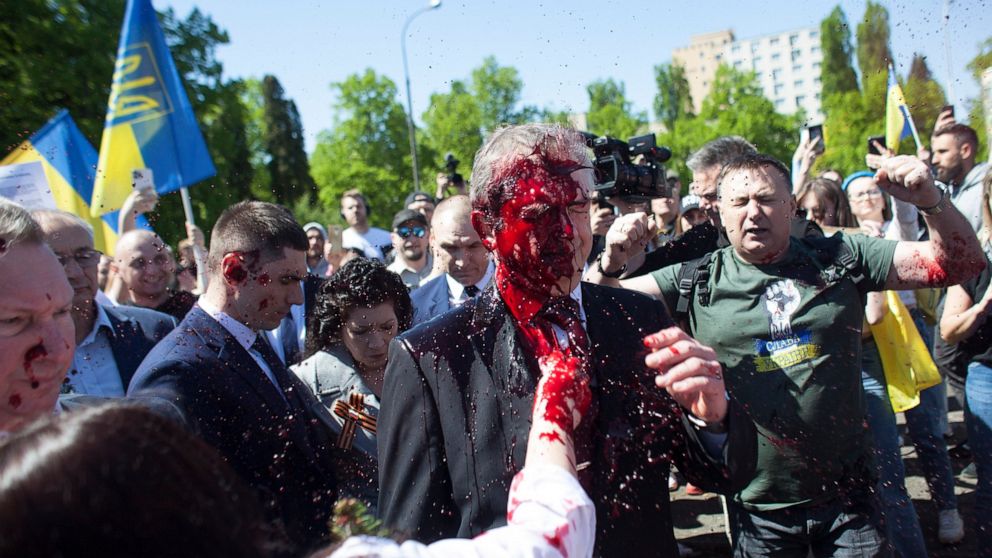 Russian ambassador to Poland hit with red paint