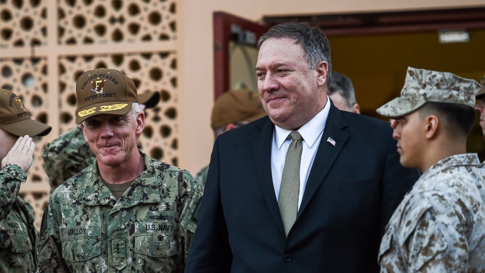 U.S. Secretary of State Mike Pompeo, center walks with Vice Adm. James Malloy, commander of the U.S. Naval Forces Central Command/5th Fleet, after a tour of the U.S. Naval Forces Central Command center in Manama, Bahrain, Friday, Jan. 11, 2019. (Andr