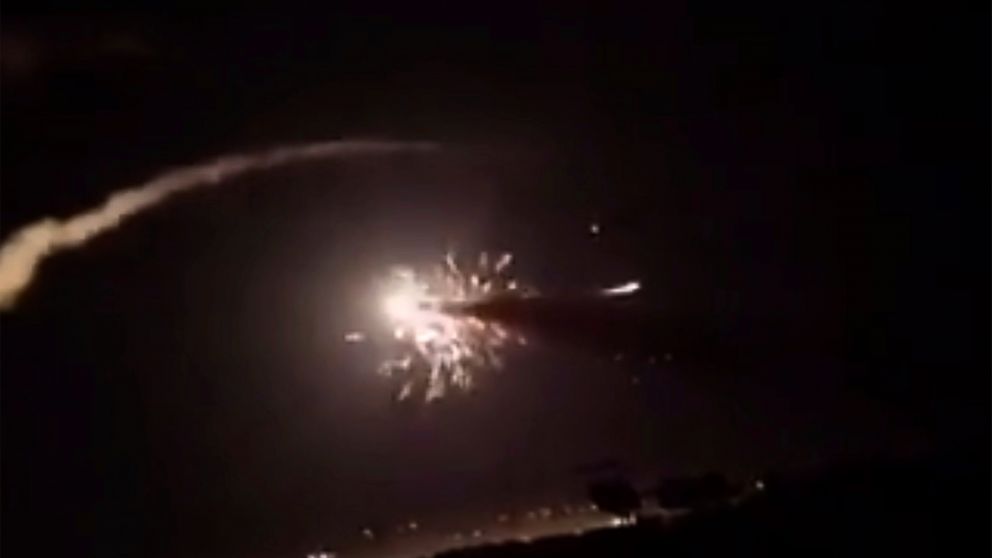 This frame grab from a video provided by the Syrian official news agency SANA shows missiles flying into the sky near Damascus, Syria, Tuesday, Dec. 25, 2018. Israeli warplanes flying over Lebanon fired missiles toward areas near the Syrian capital o