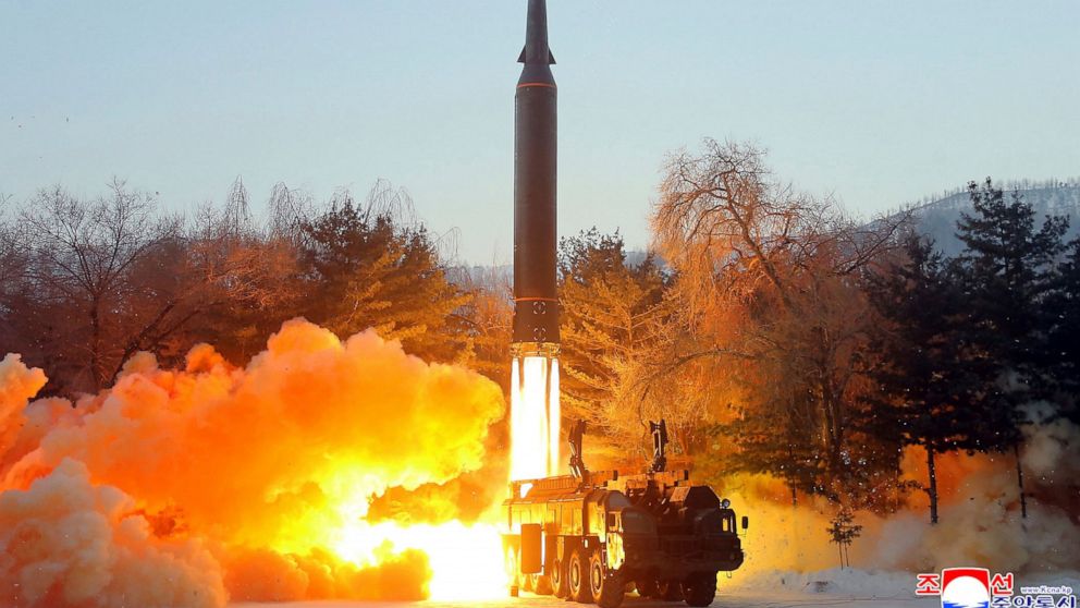 This photo provided by the North Korean government, shows what it says a test launch of a hypersonic missile in North Korea Wednesday, Jan. 5, 2022. Independent journalists were not given access to cover the event depicted in this image distributed b