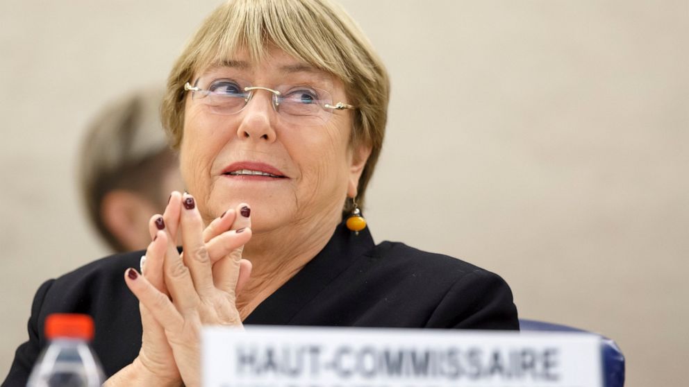 U.N. High Commissioner for Human Rights, Michelle Bachelet, attends the opening of 42nd session of the Human Rights Council at the European headquarters of the United Nations in Geneva, Switzerland, Monday, Sept. 9, 2019. (Salvatore Di Nolfi/Keystone