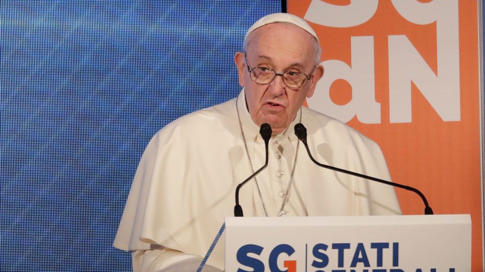 Pope Francis speaks at a conference on the Demographic Crisis in Rome Friday, May 14, 2021. Pope Francis added his voice Friday to the chorus of alarm about Italy's demographic crisis, calling for government policies that provide the necessary financ