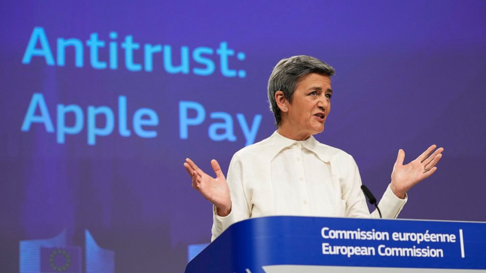 European Commissioner for Europe fit for the Digital Age Margrethe Vestager speaks during a media conference at EU headquarters in Brussels, Monday, May 2, 2022. The European Commission said on Monday it believes Apple abused its dominant position by