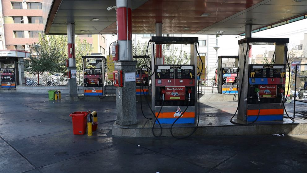 A gas station is empty because the gas pumps are out of service, in Tehran, Iran, Tuesday, Oct. 26, 2021. Gas stations across Iran on Tuesday suffered through a widespread outage of a system that allows consumers to buy fuel with a government-issued 