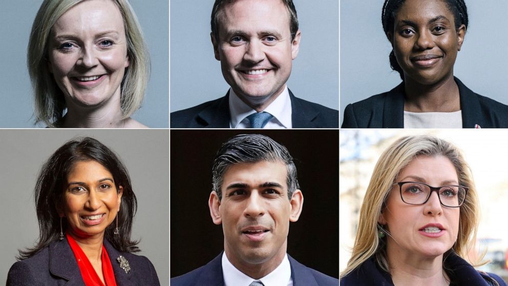 This undated handout combo photo provided by UK Parliament shows the six candidates in the Conservative Party leadership race, top from left, Liz Truss, Tom Tugendhat, bottom from left, Kemi Badenoch, Suella Braverman, Rishi Sunak and Penny Mordaunt.