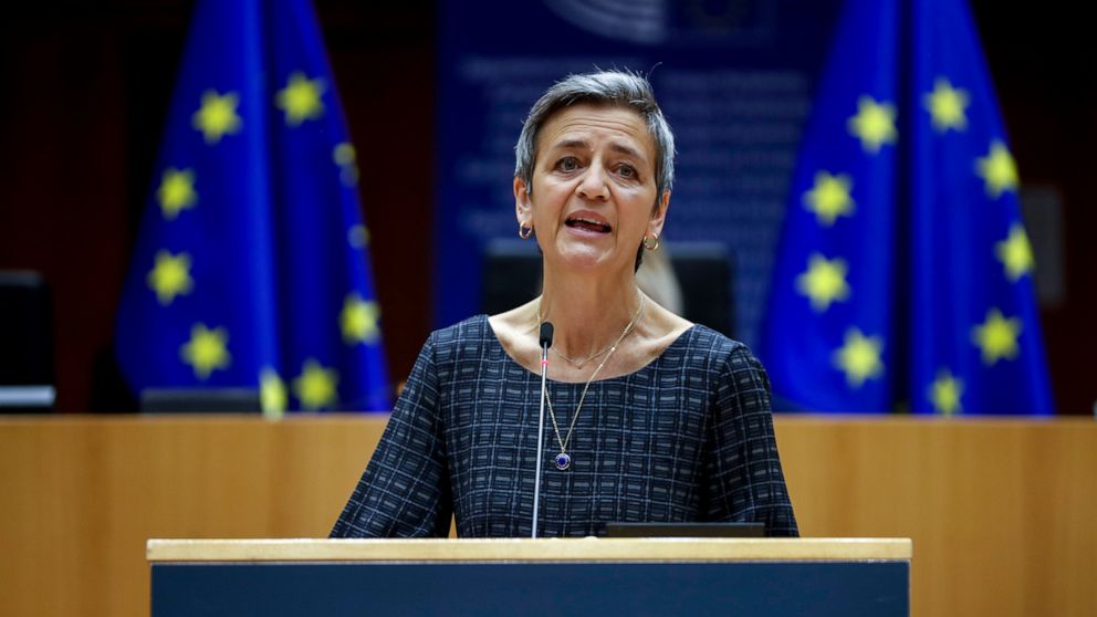 FILE - European Commissioner Margrethe Vestager addresses European lawmakers at the European Parliament in Brussels, on May 18, 2021. The European Union on Thursday blocked the merger between South Korean shipbuilders Hyundai and Daewoo, saying a uni