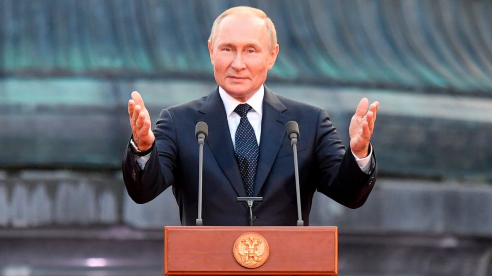 Russian President Vladimir Putin gestures while delivering a speech during an event to celebrate the 1160th anniversary of Russian statehood in Veliky Novgorod, Russia, Wednesday, Sept. 21, 2022. Veliky Novgorod is one of the oldest cities in Russia,