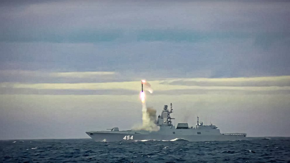 In this image taken from video released by Russian Defense Ministry Press Service on Saturday, May 28, 2022, a new Zircon hypersonic cruise missile is launched by the frigate Admiral Gorshkov of the Russian navy from the Barents Sea. Russia's Defense