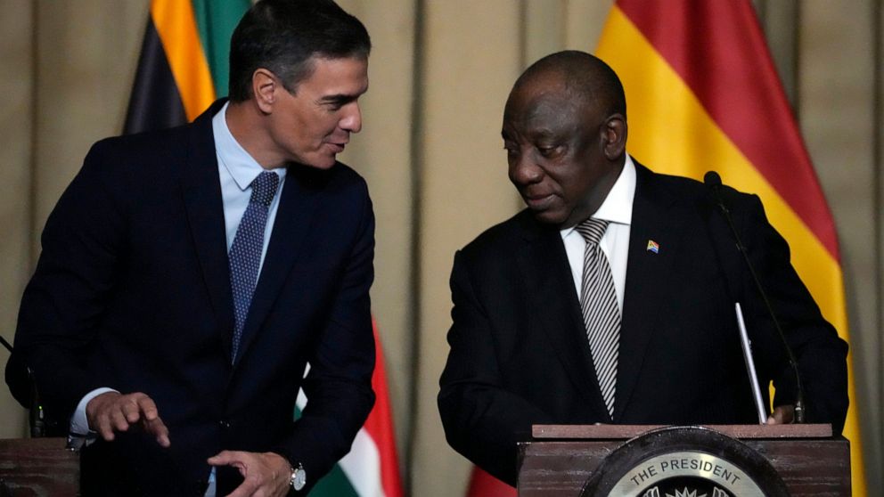 Spain's Prime Minister Pedro Sanchez with South Africa President Cyril Ramaphosa during a joint media briefing at the Union Building in Pretoria, South Africa, Thursday, Oct. 27, 2022. (AP Photo/Themba Hadebe)