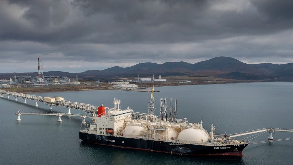FILE - The tanker Sun Arrows loads its cargo of liquefied natural gas from the Sakhalin-2 project in the port of Prigorodnoye, Russia, on Friday, Oct. 29, 2021. Europe's natural gas woes are far from over in Jan. 2022. Prices are high. Underground re