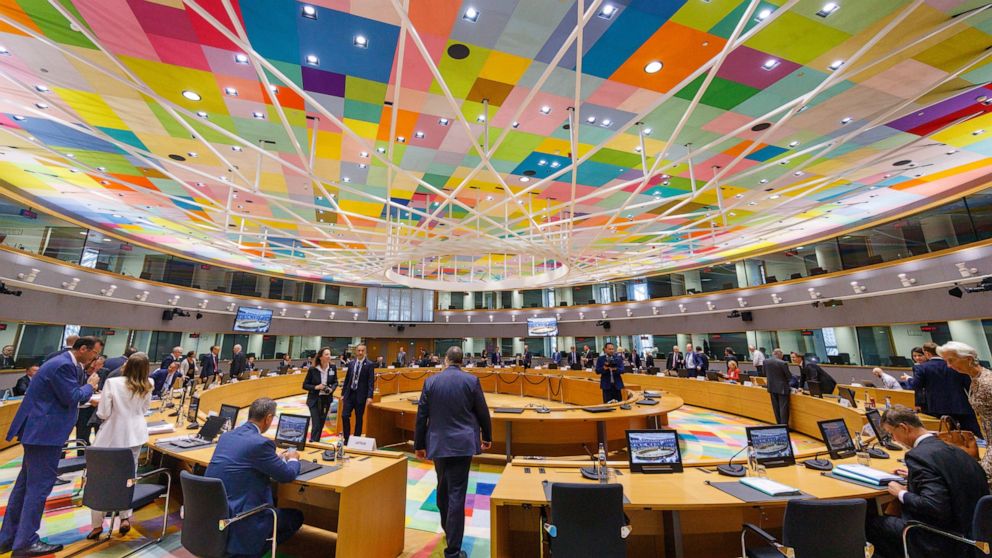 The meeting room of eurozone finance ministers at the European Council building in Brussels, Monday, July 11, 2022. (AP Photo/Olivier Matthys)