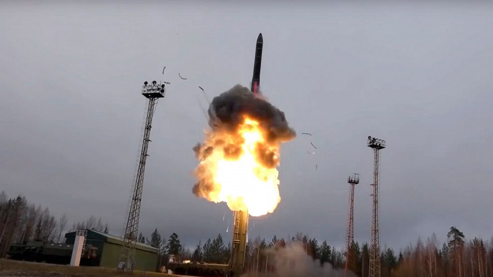 In this photo taken from undated footage distributed by Russian Defense Ministry Press Service, an intercontinental ballistic missile lifts off from a truck-mounted launcher somewhere in Russia. The Russian military said the Avangard hypersonic weapo