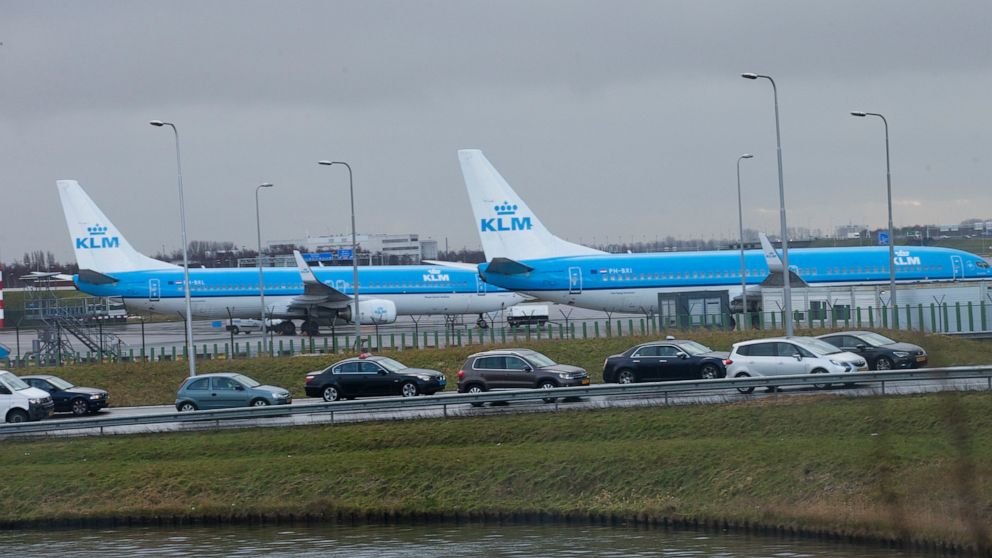 FILE - KLM airplanes sit in Schiphol Airport near Amsterdam, Netherlands, on Jan. 18, 2018. Dozens of flights have been canceled or delayed at Amsterdam’s Schiphol Airport due to a strike by a group of KLM baggage handlers. The work stoppage Saturday