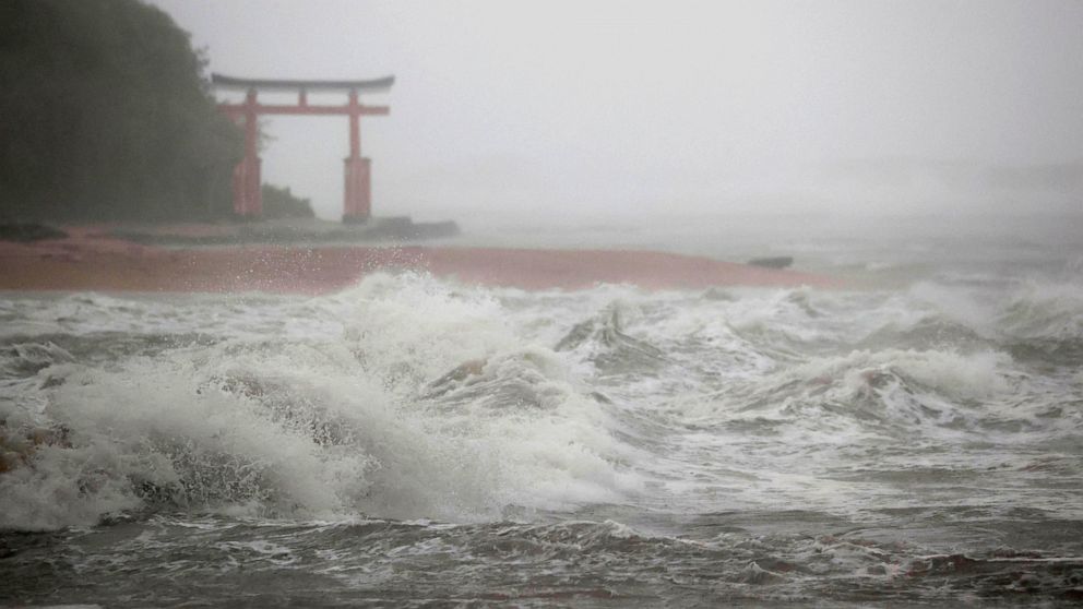 Waves batter the shore in Miyazaki, southern Japan, Sunday, Sept. 18, 2022, as a powerful typhoon approaching southern Japan on Sunday lashed the region with strong winds and heavy rain.(Kyodo News via AP)