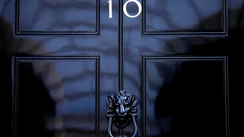 FILE - The door to 10 Downing Street in London, Friday, July 8, 2022. Under Britain's parliamentary system, the public never actually votes for its prime minister. Instead, voters tick the box for a representative from their local area, who then beco