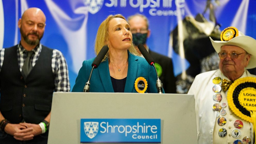 Helen Morgan of the Liberal Democrats makes a speech after being declared the winner in the North Shropshire by-election in Shrewsbury, England early Friday Dec. 17, 2021. The Liberal Democrats overturned an almost 23,000 Conservative majority to win