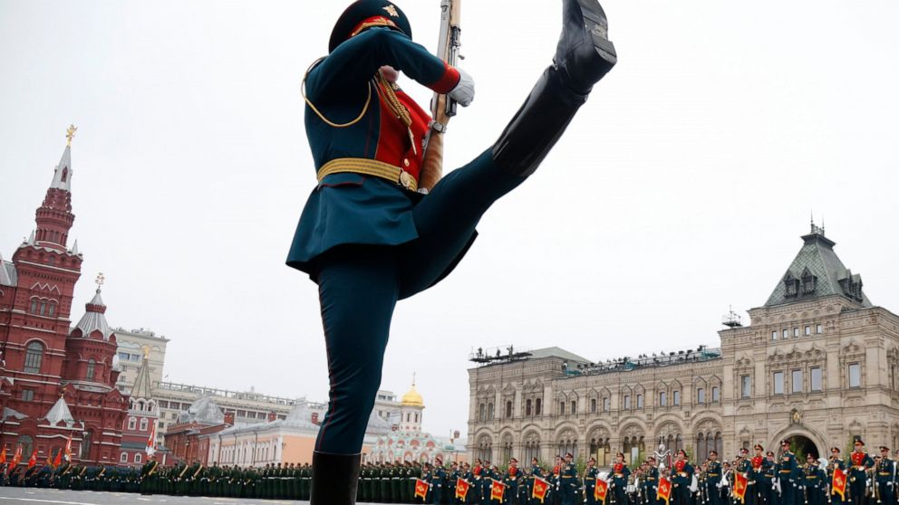 A honour guard takes position during the Victory Day military parade to celebrate 74 years since the victory in WWII in Red Square in Moscow, Russia, Thursday, May 9, 2019. (AP Photo/Alexander Zemlianichenko)