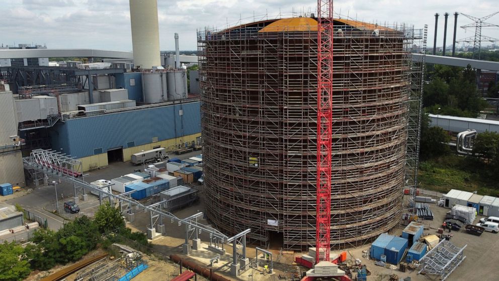 A vast thermal tank to store hot water is pictured in Berlin, Germany, Thursday, June 30, 2022. Power provider Vattenfall unveiled a new facility in Berlin on Thursday that turns solar and wind energy into heat, which can be stored in a vast thermal 