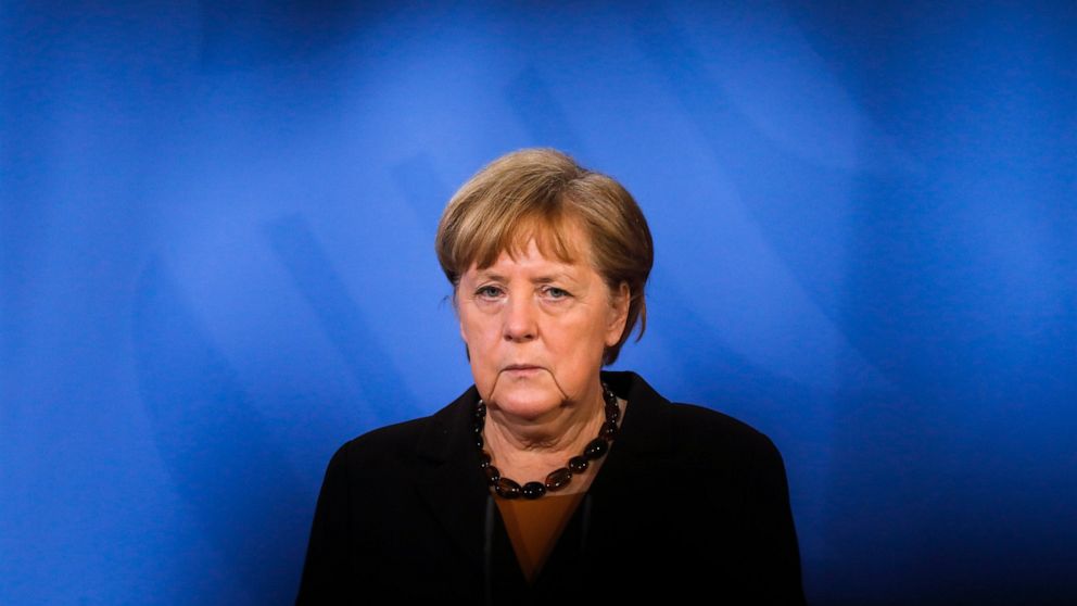 File - In this Tuesday, March 30, 2021 file photo, German Chancellor Angela Merkel briefs the media after a virtual meeting with federal state governors at the chancellery in Berlin, Germany. German Chancellor Angela Merkel is defending her country's