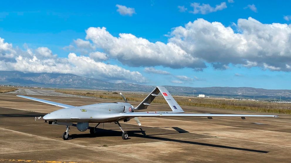A Turkish-made Bayraktar TB2 drone is seen shortly after its landing at an airport in Gecitkala, known as Lefkoniko in Greek, in Cyprus, Monday, Dec. 16, 2019. Turkey has dispatched the surveillance and reconnaissance drone to the breakaway north of 