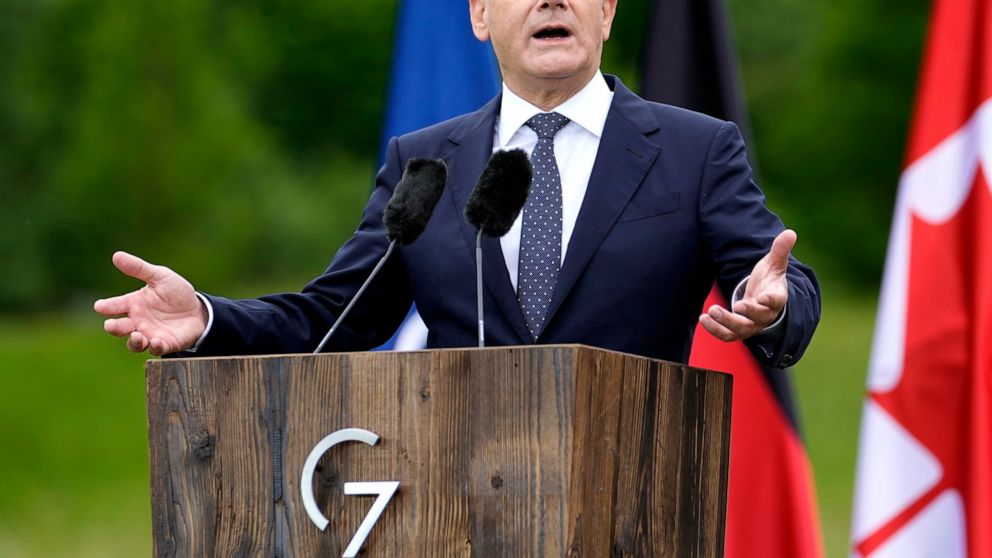 German Chancellor Olaf Scholz addresses a media conference during the G7 summit at Castle Elmau in Kruen, Germany, on Tuesday, June 28, 2022. The Group of Seven leading economic powers are concluding their annual gathering on Tuesday. (AP Photo/Marti