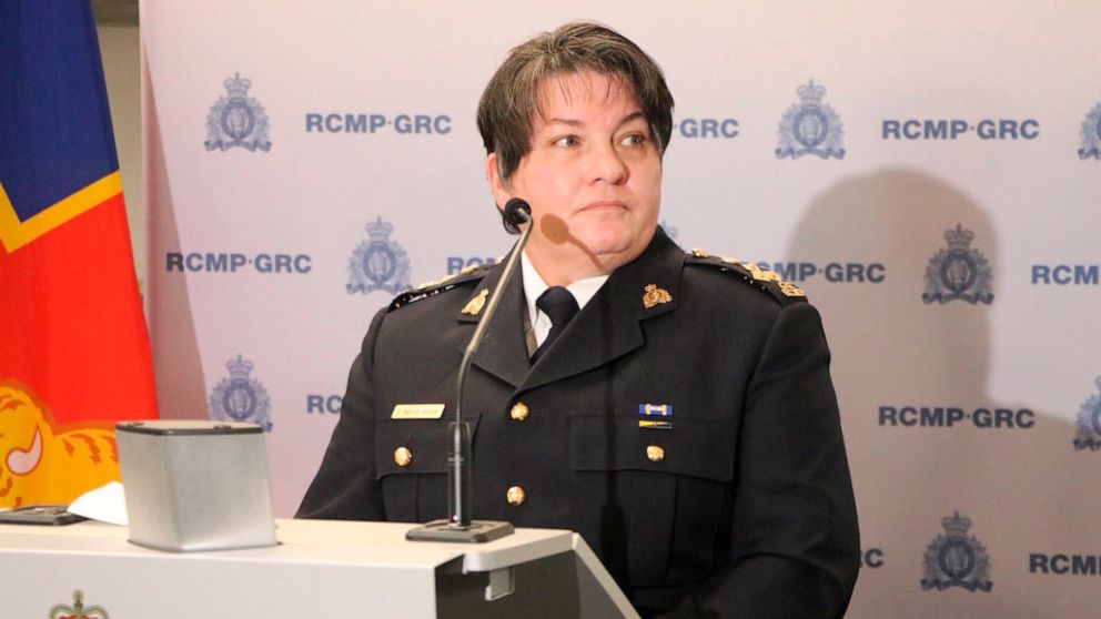 Manitoba RCMP Assistant Commissioner Jane MacLatchy holds a news conference in Winnipeg on Thursday Jan. 20, 2022. Mounties in Manitoba say they have found the bodies of four people — including an infant and a teen — near the United States border. (K