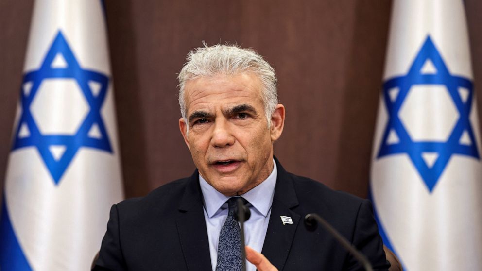 Israel's Prime Minister Yair Lapid attends the weekly cabinet meeting in Jerusalem, on Sept. 18, 2022. Israel's prime minister on Monday, Sept. 19, 2022 vowed to begin production at a contested Mediterranean natural gas field “as soon as it is possib