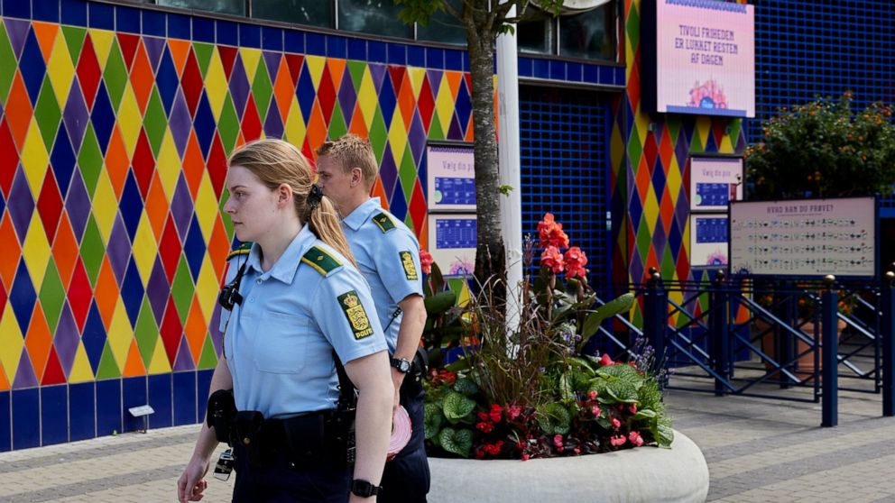 Police at the amusement park Tivoli Friheden in Aarhus, Denmark where an accident took place Thursday July 14, 2022. Police in Denmark say a 14-year-old girl has died in an accident at a popular northern Denmark amusement park, reportedly when the re