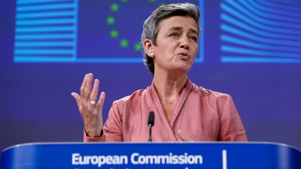 European Commissioner Executive Vice-President Margrethe Vestager talks during a video press conference at the EU headquarters in Brussels, Wednesday, June 17, 2020. (Kenzo Tribouillard, Pool Photo via AP)