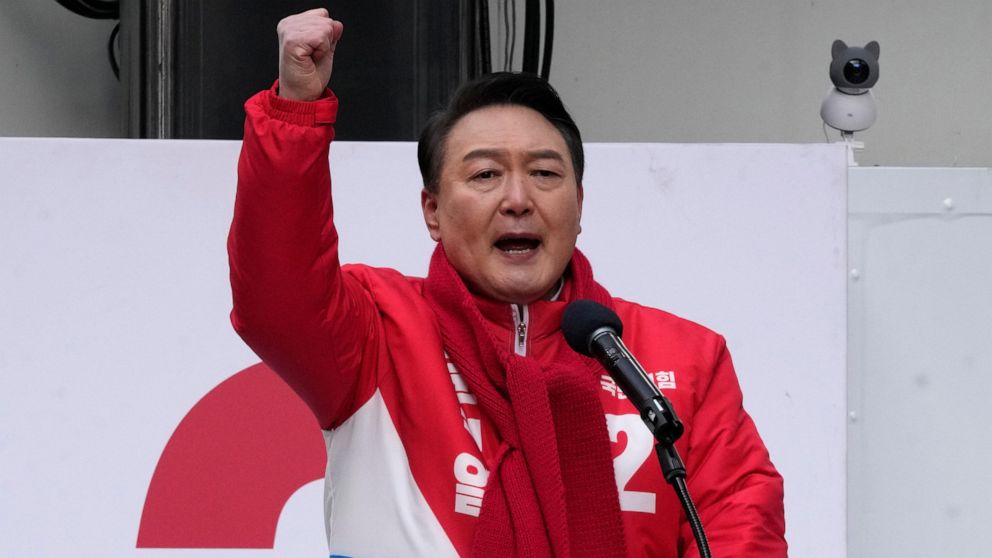Yoon Suk Yeol, the presidential candidate of the main opposition People Power Party, speaks during a presidential election campaign in Seoul, South Korea, Tuesday, Feb. 15, 2022. Candidates kicked off official campaign on Tuesday for South Korea's pr