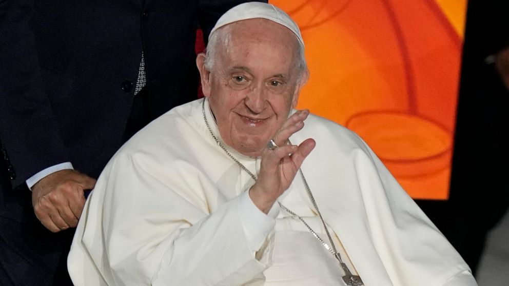 Pope Francis arrives to attend the Festival of Families in the Paul VI Hall at the Vatican, on the first day of the World Meeting of Families, Wednesday, June 22, 2022. (AP Photo/Andrew Medichini)