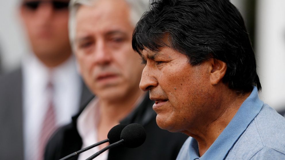Former Bolivian President Evo Morales speaks upon his arrival in Mexico City, Tuesday, Nov. 12, 2019. Mexico granted asylum to Morales, who resigned on Nov. 10 under mounting pressure from the military and the public after his re-election victory tri