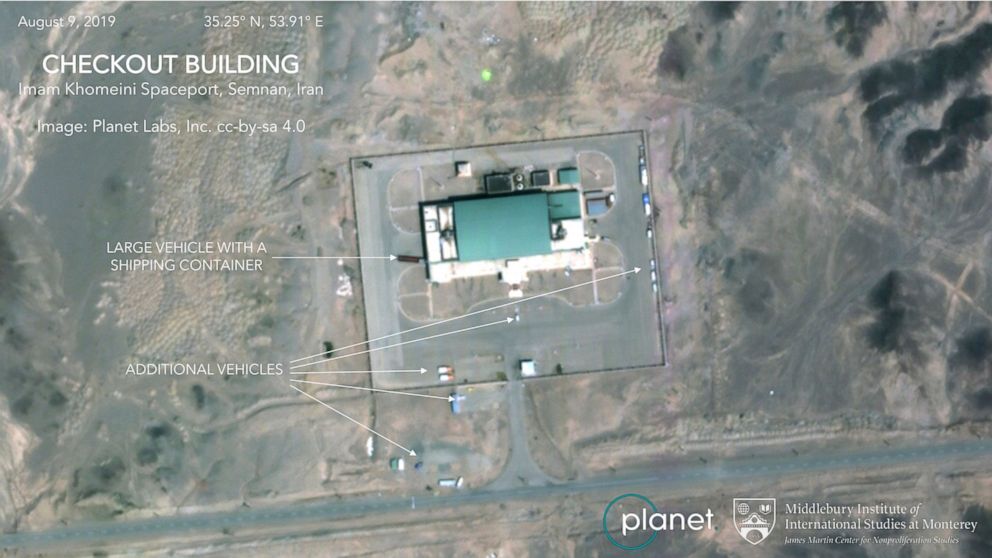 This Aug. 9, 2019, satellite image from Planet Labs Inc., that has been annotated by experts at the James Martin Center for Nonproliferation Studies at Middlebury Institute of International Studies, shows activity at the Imam Khomeini Space Center in
