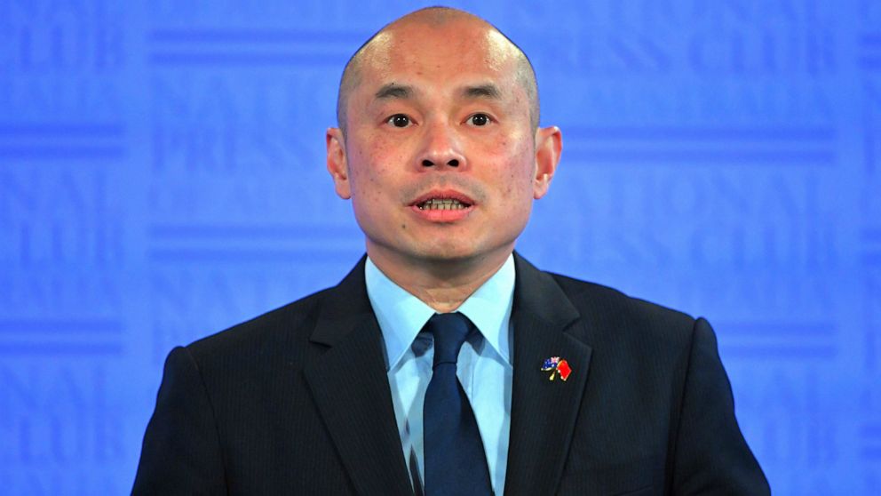 Wang Xining, the Chinese Embassy in Australia's deputy head of mission, speaks at the National Press Club about Australia's call for an independent inquiry into the origins of and international responses to the pandemic in Canberra, Wednesday, Aug. 2