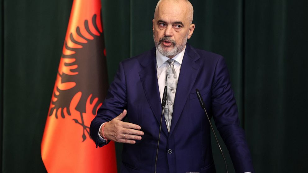 FILE - Albania's Prime Minister Edi Rama speaks during a press conference after a meeting with his Dutch counterpart Mark Rutte in Tirana, Albania, Wednesday, Nov. 10, 2021. Albania has offered NATO a naval base in an effort as a way to highlight the