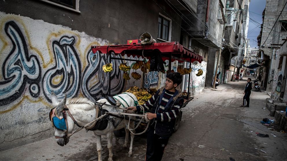 A Palestinian boy sells bananas on a donkey carte in an alley in the Shati refugee camp, in Gaza City, Wednesday, Nov. 25, 2020. Israel's blockade of the Hamas-ruled Gaza Strip has cost the seaside territory as much as $16.7 billion in economic losse