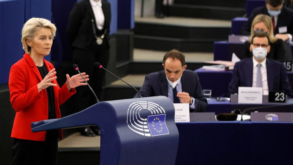 European Commission president Ursula von der Leyen delivers her speech Tuesday, Oct. 19, 2021 at the European Parliament in Strasbourg, eastern France. The European Union's top official locked horns Tuesday with Poland's prime minister Mateusz Morawi