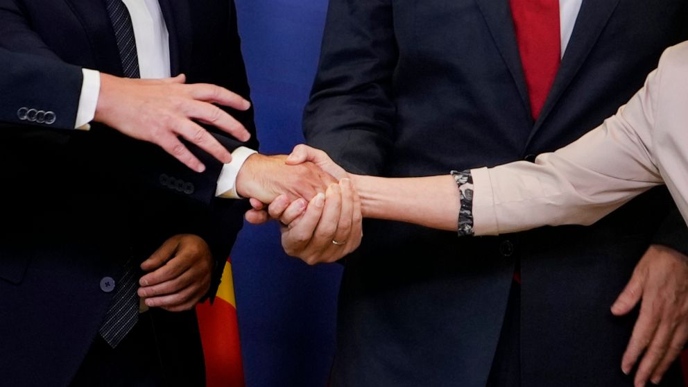 From right, European Commission President Ursula von der Leyen, Albanian Prime Minister Edi Rama, North Macedonia's Prime Minister Dimitar Kovacevski and Czech Republic's Prime Minister Petr Fiala shake hands prior to a meeting at EU headquarters in 