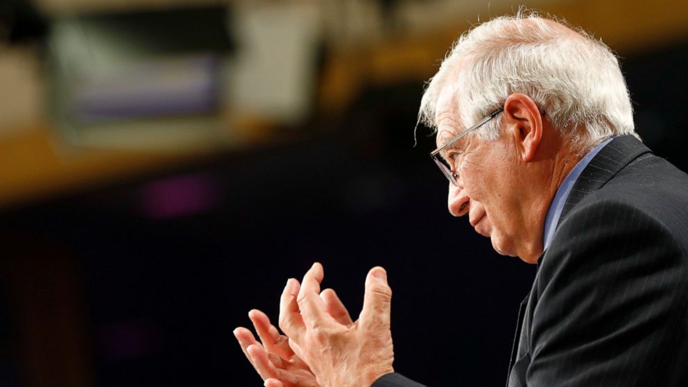 European Union foreign policy chief Josep Borrell speaks during a news conference at the European Commission headquarters in Brussels, Wednesday, June 16, 2021. Borrell unveiled a new set of proposals for the EU to deal with an increasingly authorita