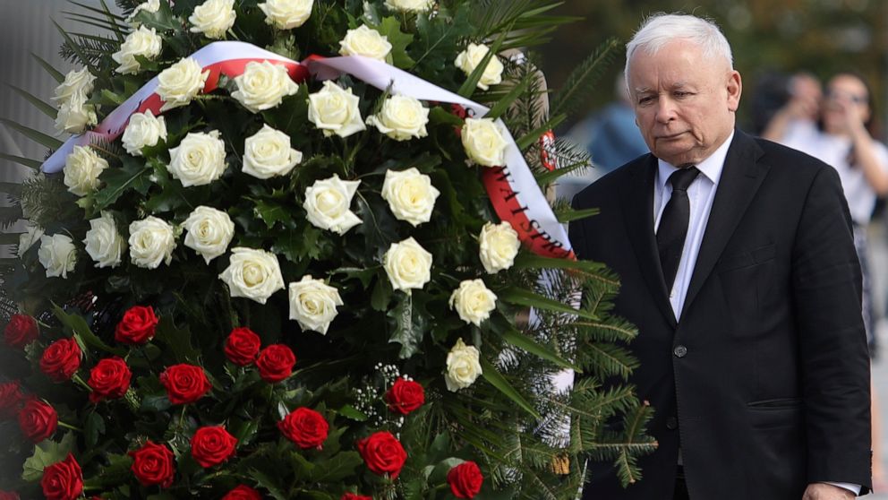 FILE - Poland's main ruling party leader Jaroslaw Kaczynski attends a wreath laying ceremony marking national observances of the anniversary of World War II in Warsaw, Poland, Sept. 1, 2022. Jaroslaw Kaczynski, leader of Polish nationalist conservati