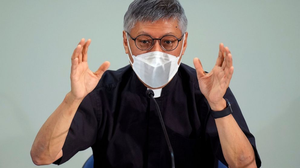 Stephen Chow Sau-yan gestures during a press conference in Hong Kong Tuesday, May 18, 2021. Pope Francis on Monday named a new bishop for Hong Kong, tapping the head of his own Jesuit order in the region, the Rev. P. Stephen Chow Sau-Yan, for the pol
