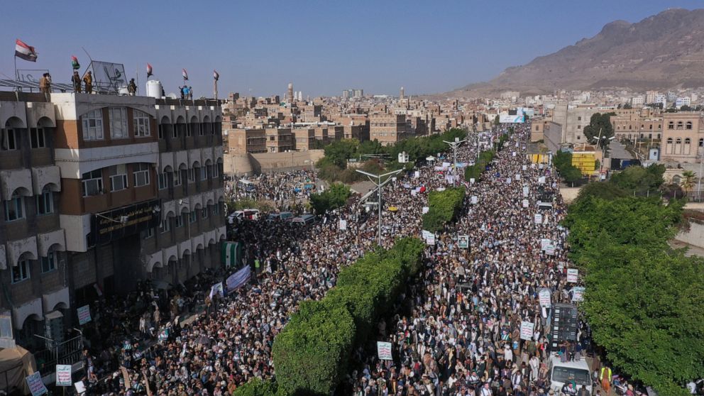 Houthi supporters attend a rally during the seventh anniversary of the Saudi-led coalition's intervention in Yemen's war in Sanaa, Yemen, Saturday, 26 March, 2022. (AP Photo/Abdulsalam Sharhan)